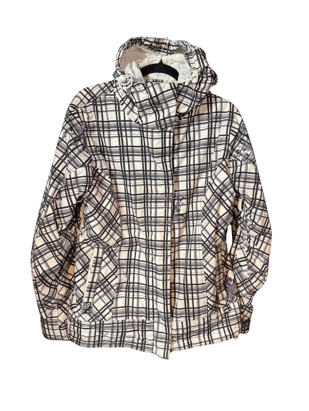 Roxy Women’s Medium Plaid Ski Snowboard Jacket 5K Hooded Black White Snow Coat M